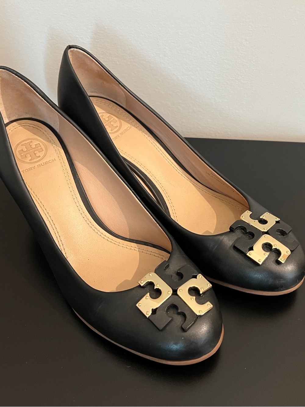 Tory Burch - Lowell - Black Leather Logo Heels with Gold Hardware